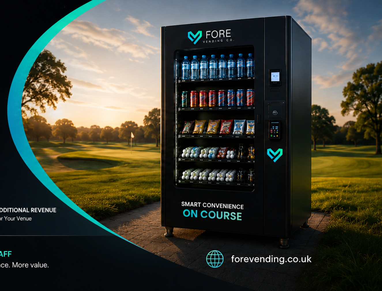 Fore Vending machine beside a golf course at sunset